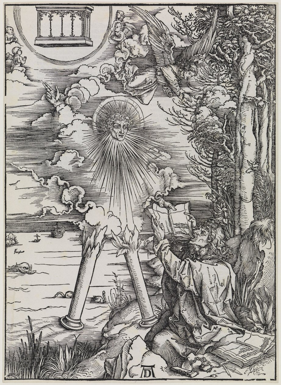 Johannes nielemässä kirjaa / "Väkevä enkeli" tekijältä Albrecht Dürer