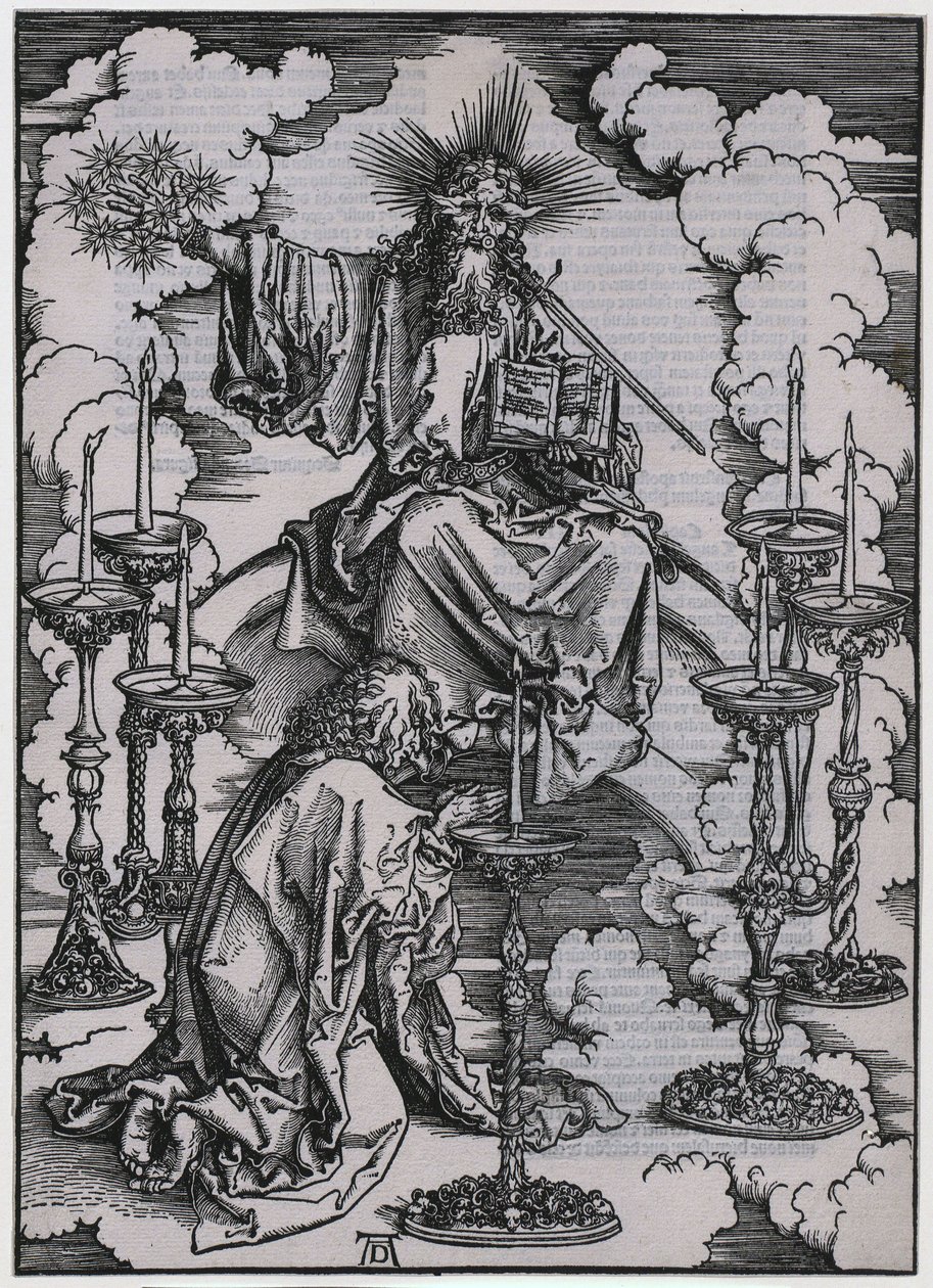Johannes näkee seitsemän kynttilänjalkaa, I. kuva, sarjan ”Apokalypsi” sivu 3 tekijältä Albrecht Dürer