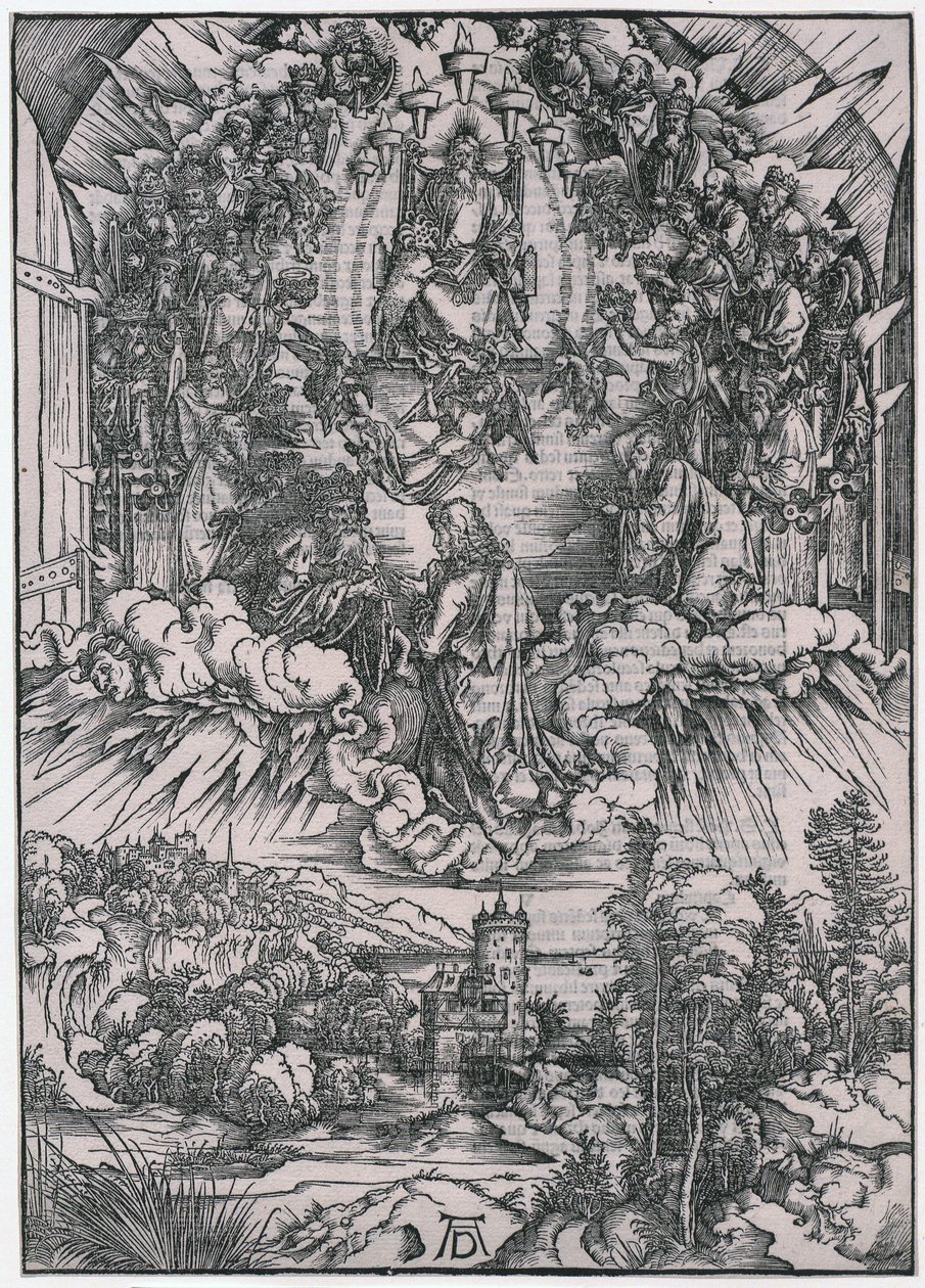 Johannes Jumalan Isän ja vanhinten edessä, II. kuva, sarjan ”Ilmestyskirja” 4. arkki tekijältä Albrecht Dürer