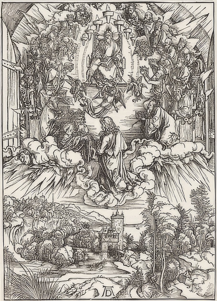 Johannes Isän Jumala ja vanhimmat, Apokalypsin jaksosta. 1496 tekijältä Albrecht Dürer