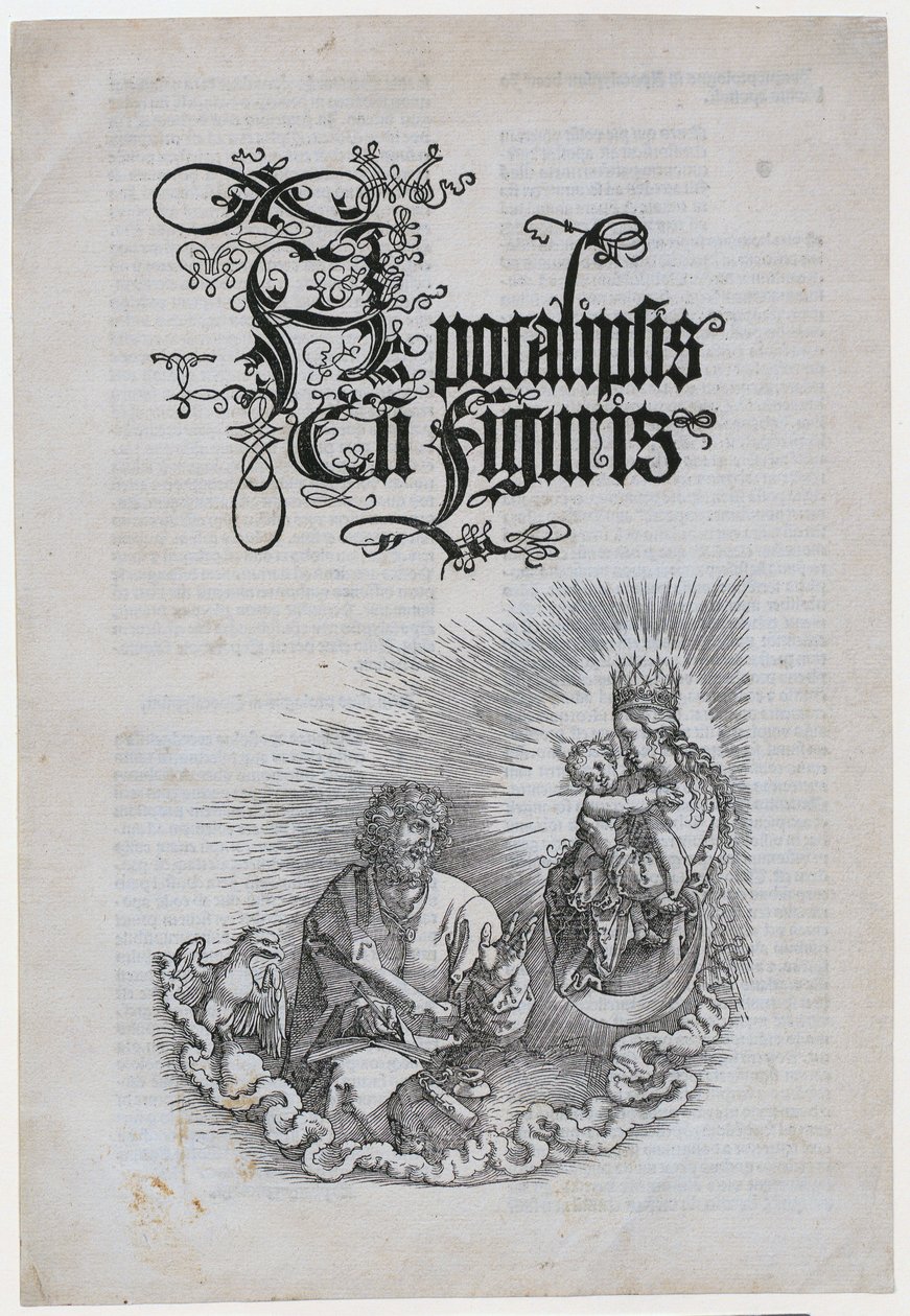Neitsyt ilmestyy Johannesille, sarjan ”Apokalypsi” 1. sivu tekijältä Albrecht Dürer