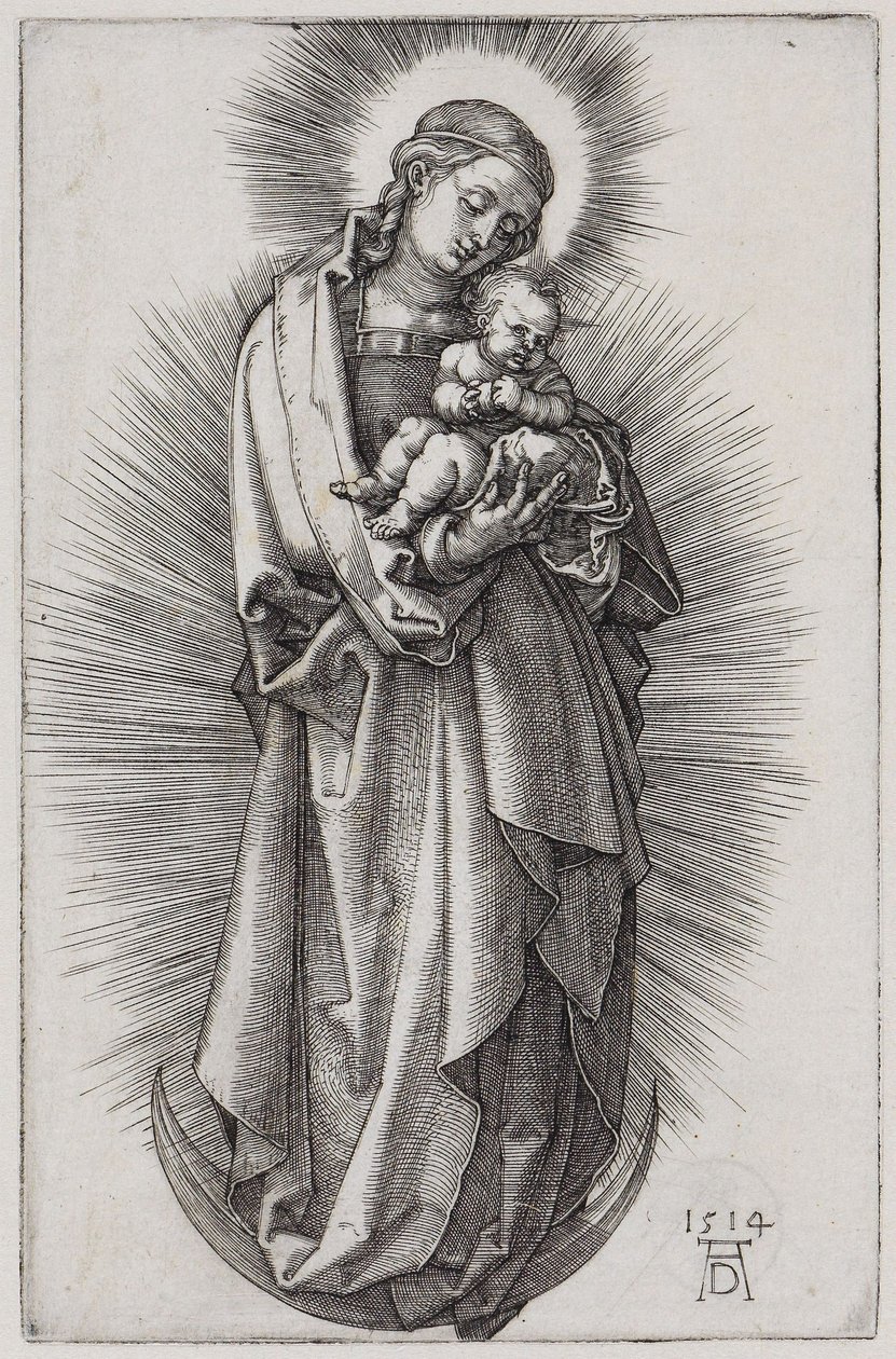 Neitsyt hiusnauhassa, sädekehässä kuunsirpin päällä tekijältä Albrecht Dürer