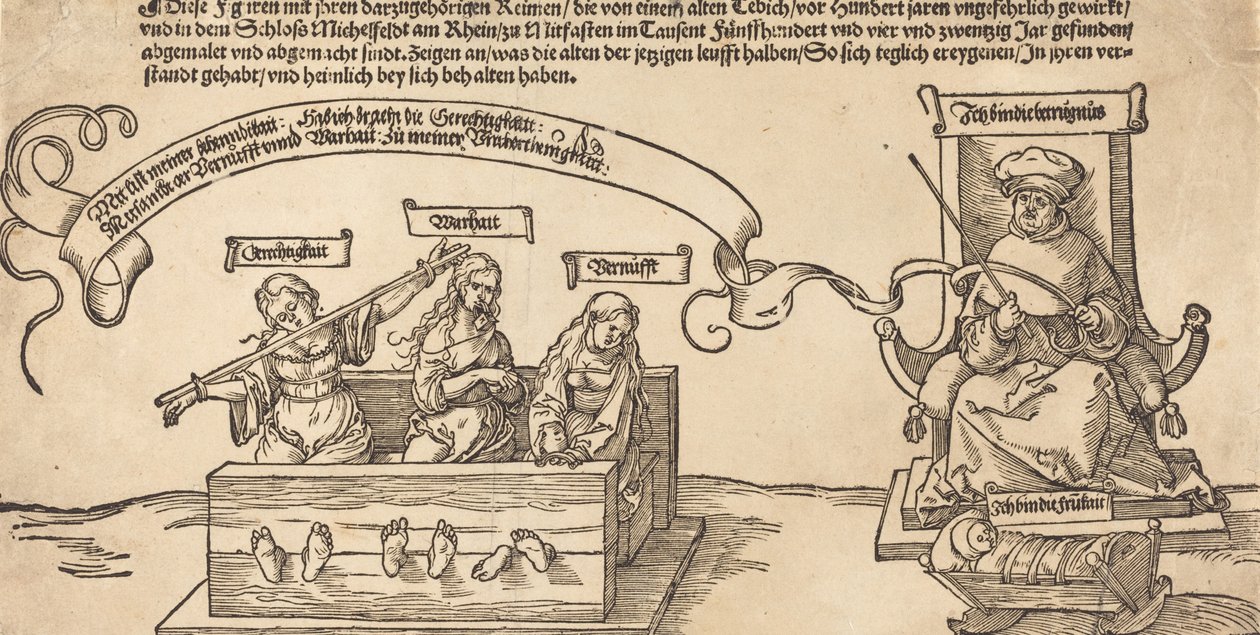 Oikeus, totuus ja järki pörssissä istuvan tuomarin ja nukkuvan hurskauden kanssa, luultavasti 1526. tekijältä Albrecht Dürer