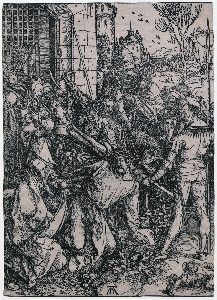 Kristuksen ristin kantaminen, sarjan ”Suuri passio” 7. sivu tekijältä Albrecht Dürer