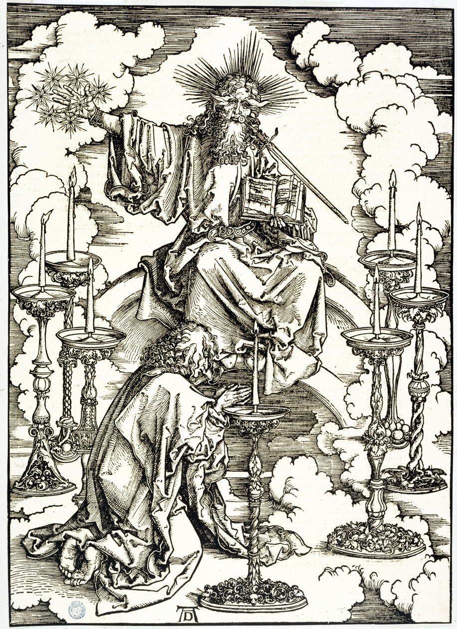 Ilmestyskirja (latinankielinen painos): Näky seitsemästä lampunjalasta (Bartsch 62) tekijältä Albrecht Dürer