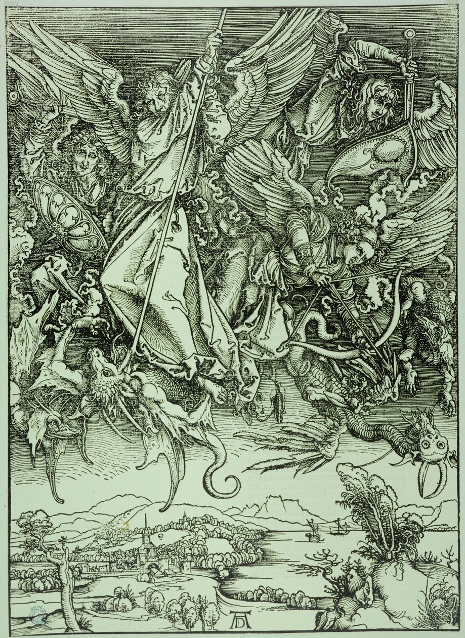 Ilmestyskirja (latinalainen painos): Pyhä Mikael kukistaa lohikäärmeen (Bartsch 72) tekijältä Albrecht Dürer