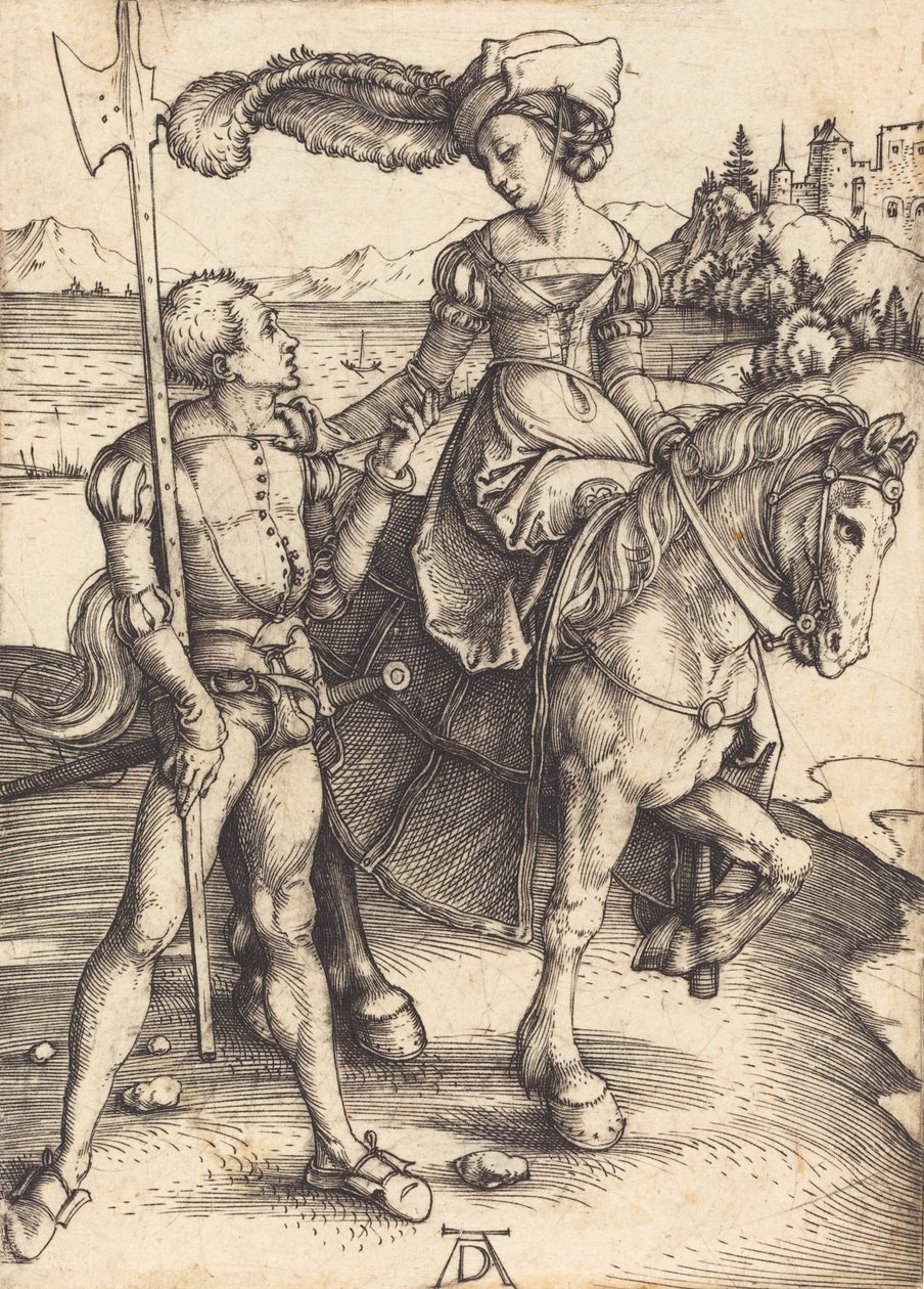 Lady on Horseback ja Lansquenet, c. 1497. tekijältä Albrecht Dürer