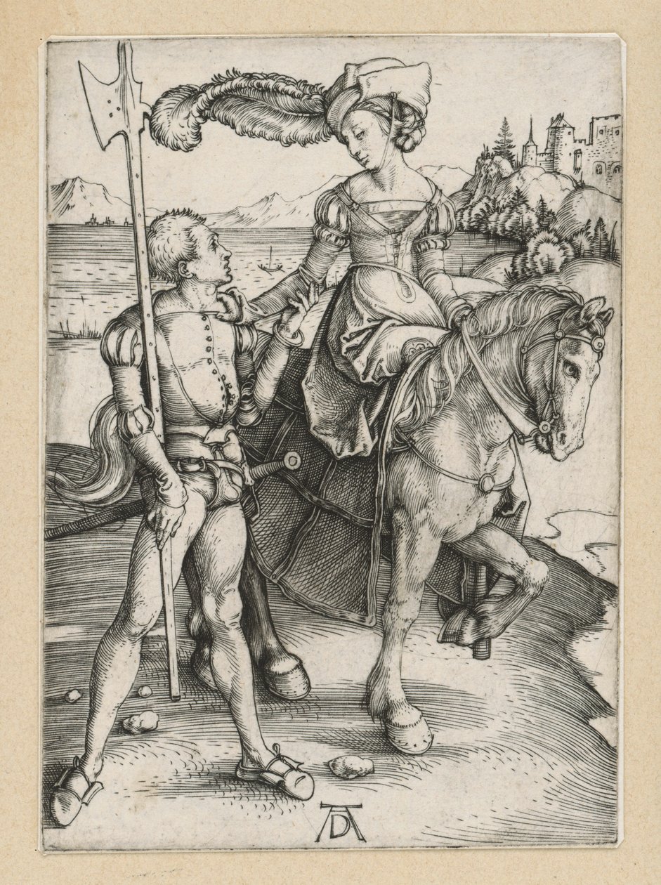 Landsknecht ja nuori neito ratsain tekijältä Albrecht Dürer
