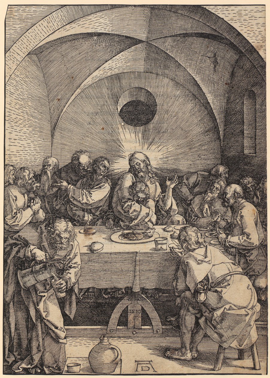Viimeinen ehtoollinen, sarjan ”Suuri passio” 2. sivu tekijältä Albrecht Dürer