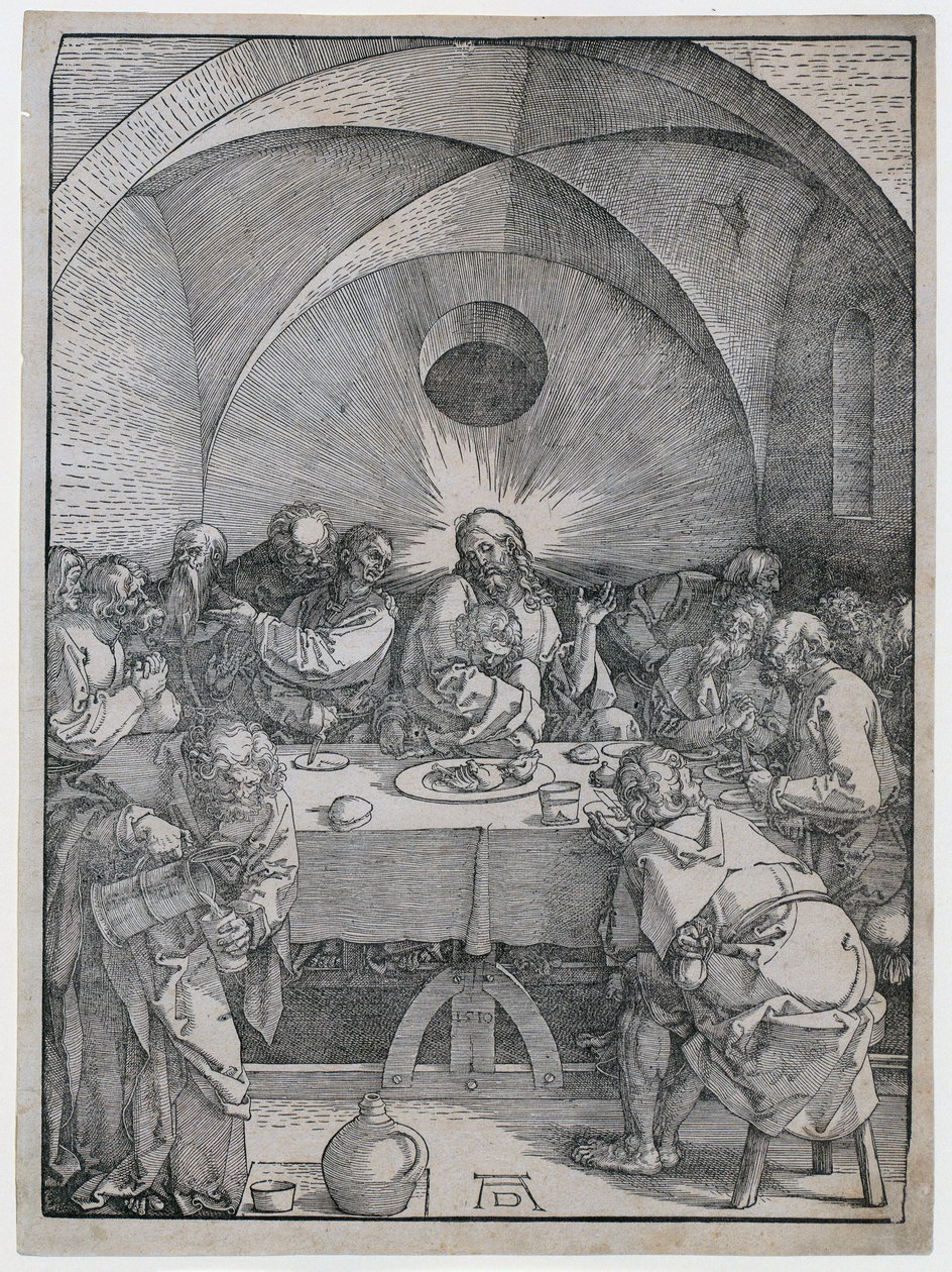 Viimeinen ehtoollinen, sarjan ”Suuri passio” 2. sivu tekijältä Albrecht Dürer