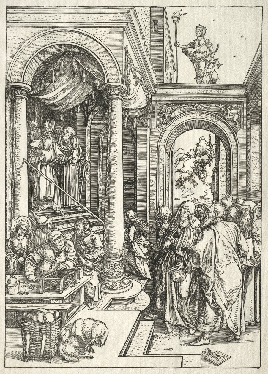Neitsyen elämä: Nuoren neitsyen esitys temppelissä, 1504-1505. tekijältä Albrecht Dürer