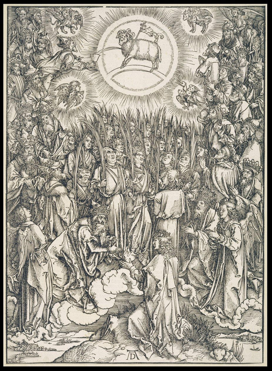 Valittujen ylistyslaulu / Karitsan palvonta, Ilmestyskirja-sarjasta, ensimmäinen latinankielinen painos 1498 tekijältä Albrecht Dürer
