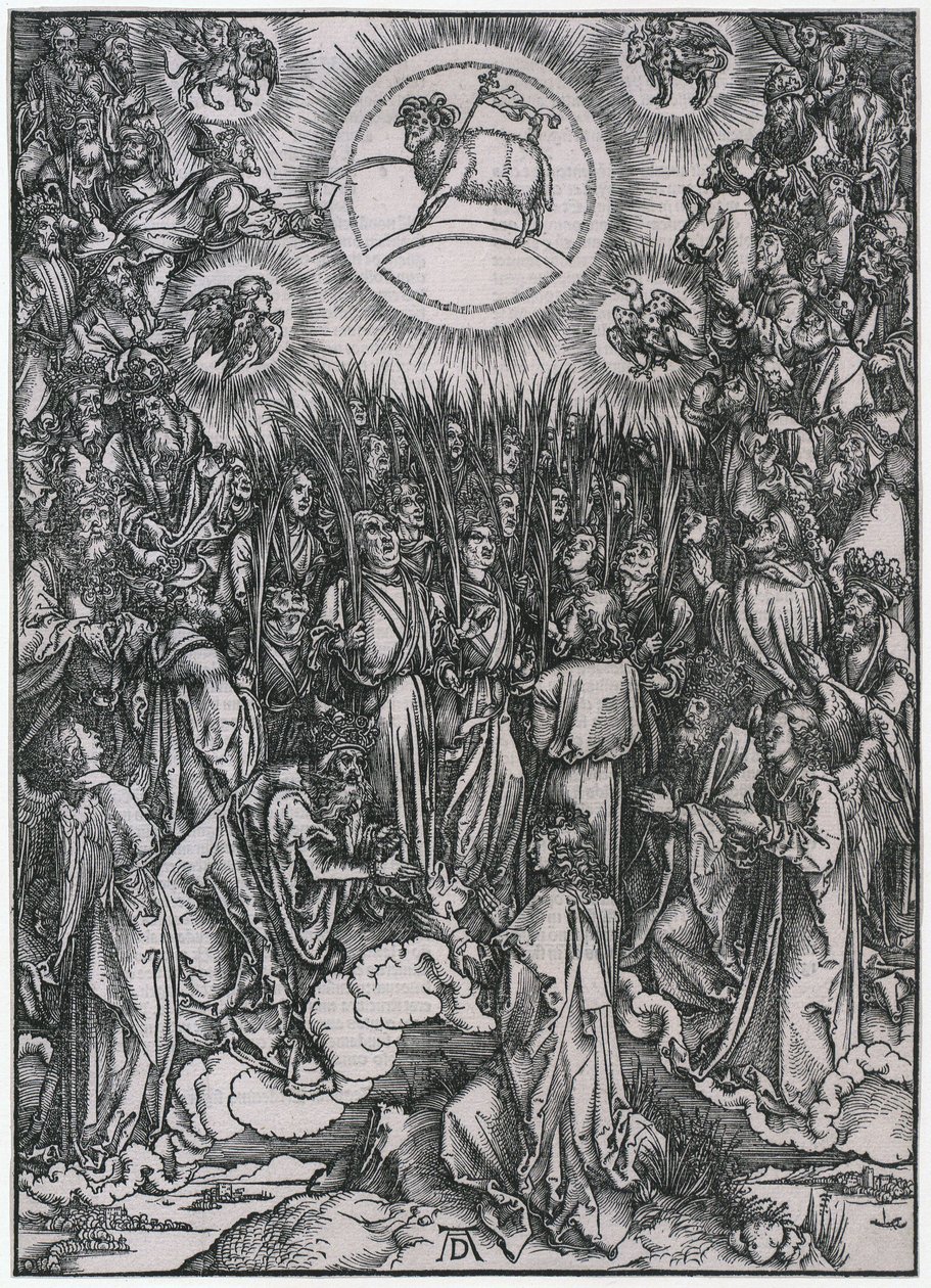 Valittujen ylistyslaulu taivaassa / Karitsan palvonta, XII. kuva, sivu 14 sarjasta ”Ilmestyskirja” tekijältä Albrecht Dürer