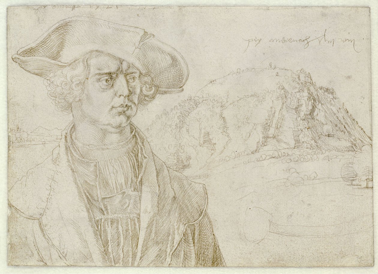 Miehen rintakuva (Aert Bruyn?) ja maisema Andernachin lähellä tekijältä Albrecht Dürer
