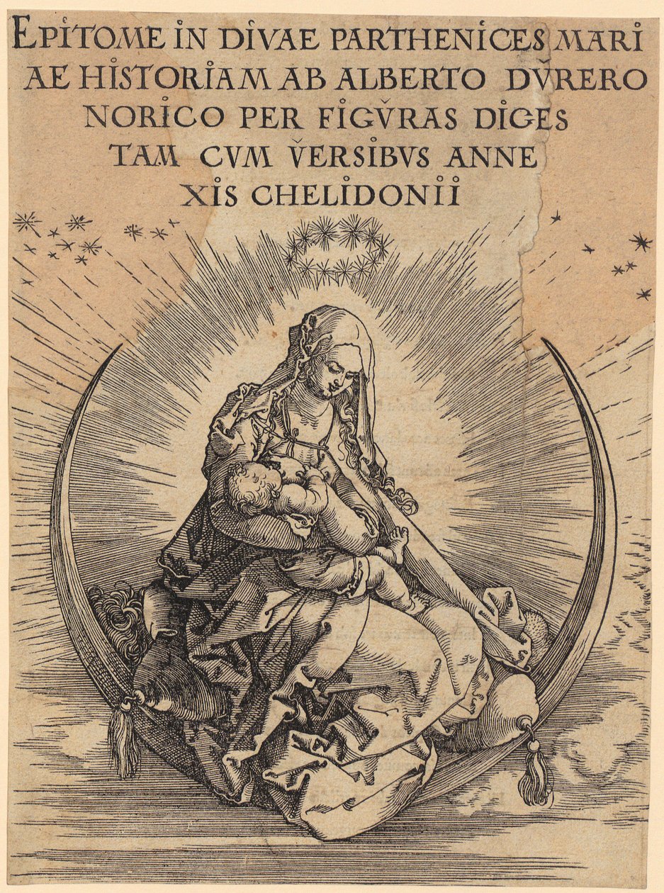 Maria kuunsirpillä, sarjan ”Marian elämä” 1. lehti tekijältä Albrecht Dürer