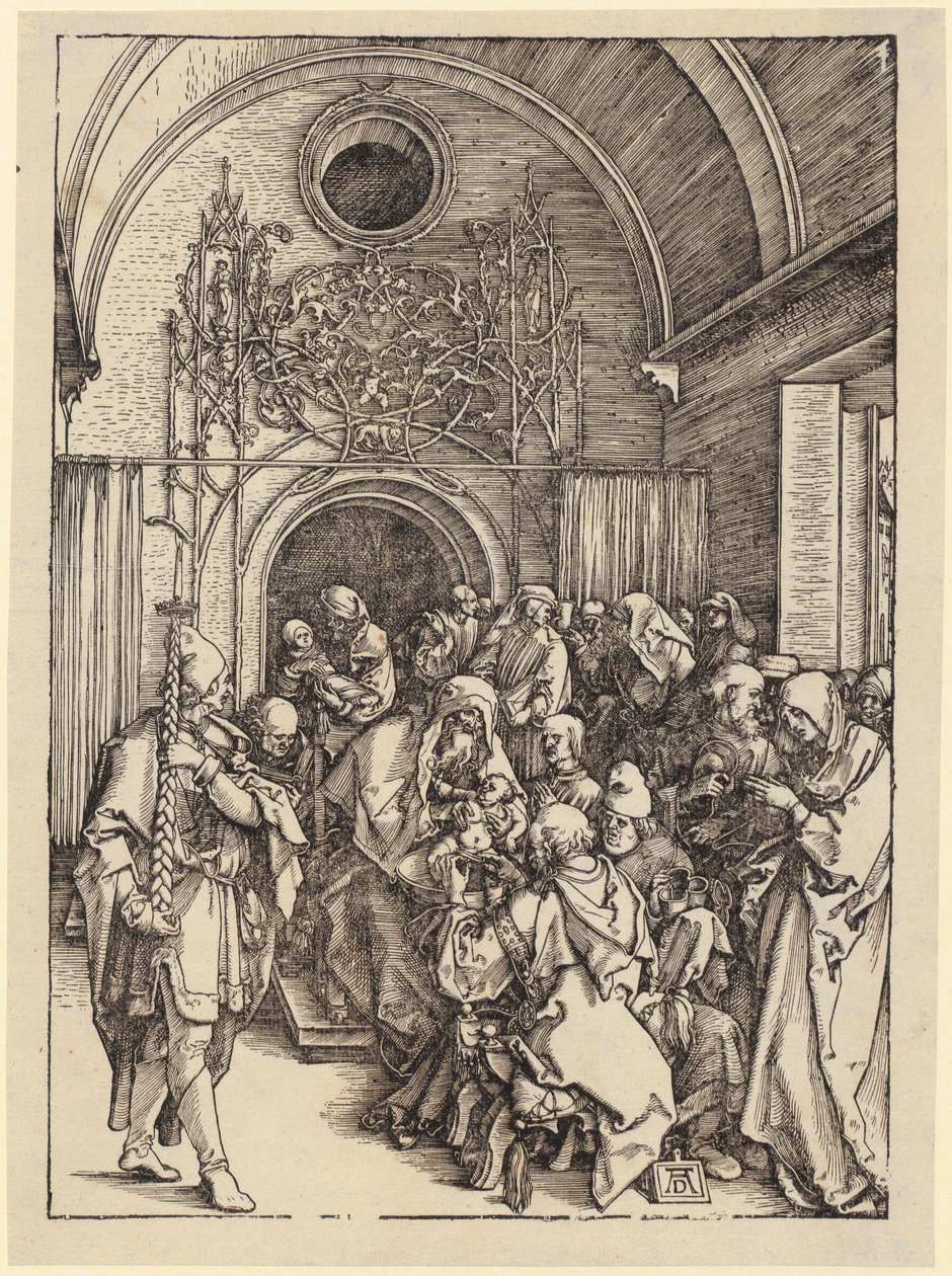Maria kuunsirpillä, sarjan "Marian elämä" lehti 1 tekijältä Albrecht Dürer