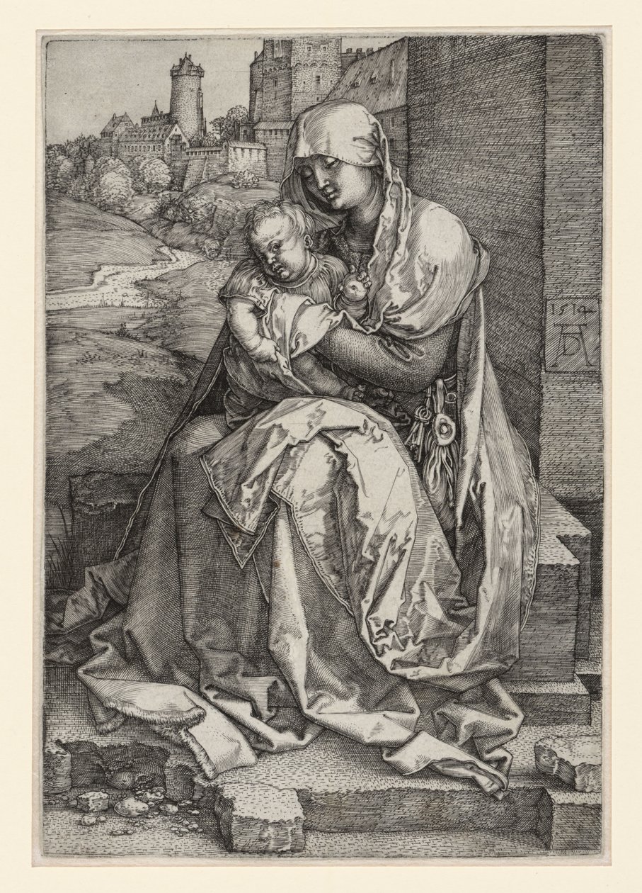 Maria ja lapsi istumassa muurin edessä tekijältä Albrecht Dürer