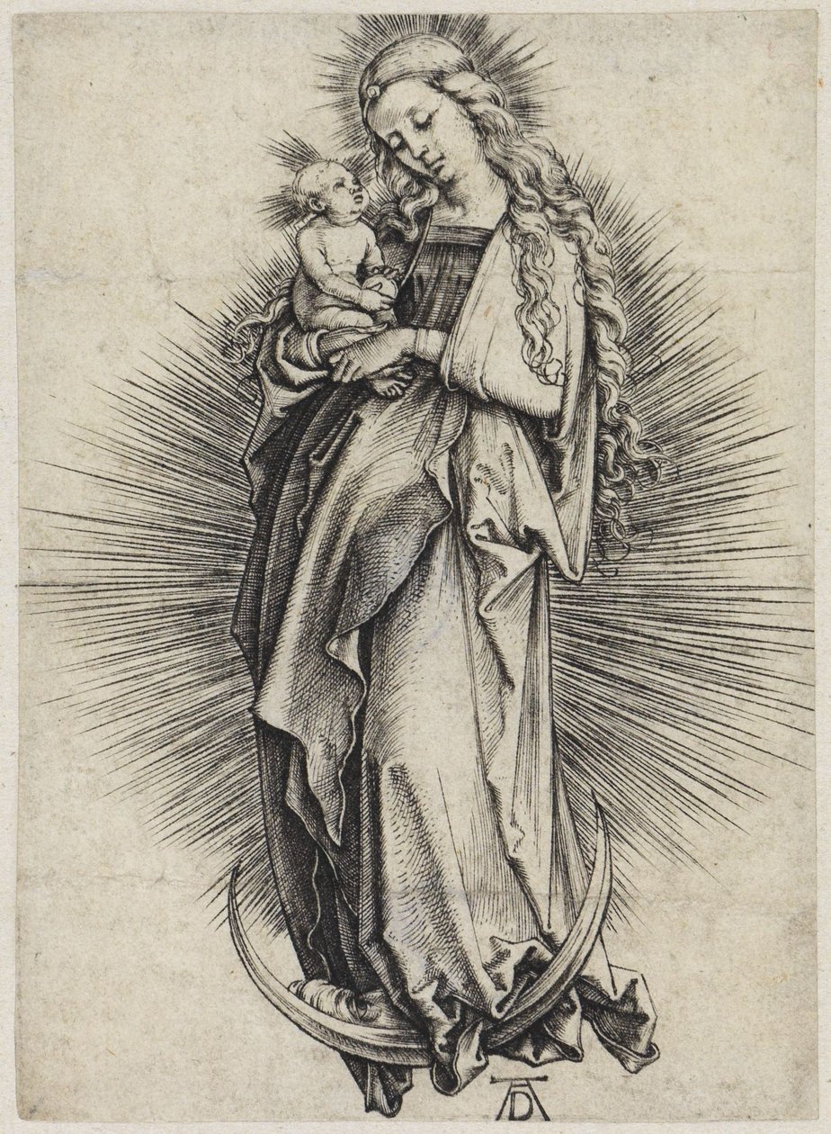 Pitkähiuksinen Maria kuunsirpillä tekijältä Albrecht Dürer