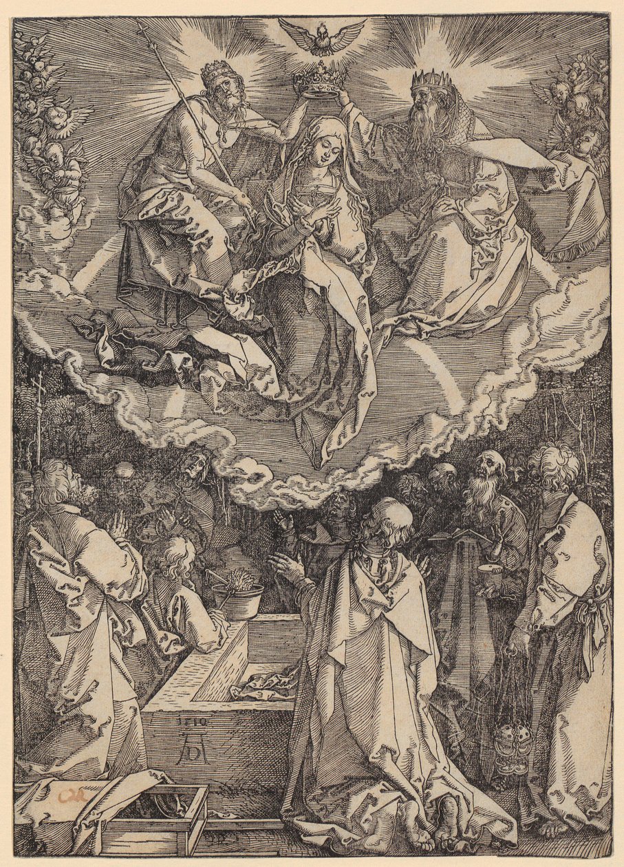 Neitsyt Marian taivaaseenastuminen ja kruunaaminen, sarjan ”Marian elämä” sivu 19 tekijältä Albrecht Dürer