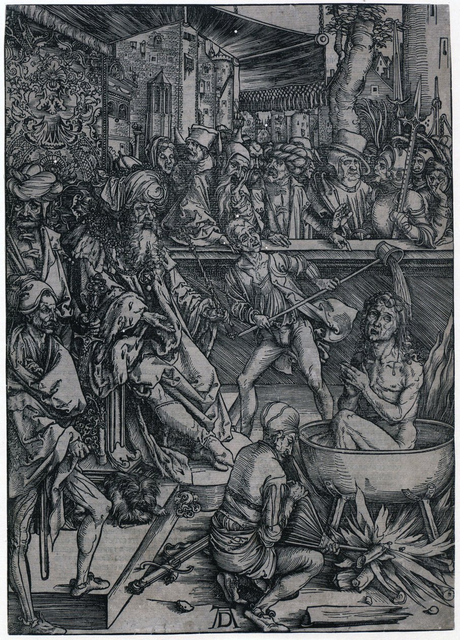 Evankelista Johanneksen marttyyrikuolema, sarjan ”Apokalypsi” 2. sivu tekijältä Albrecht Dürer