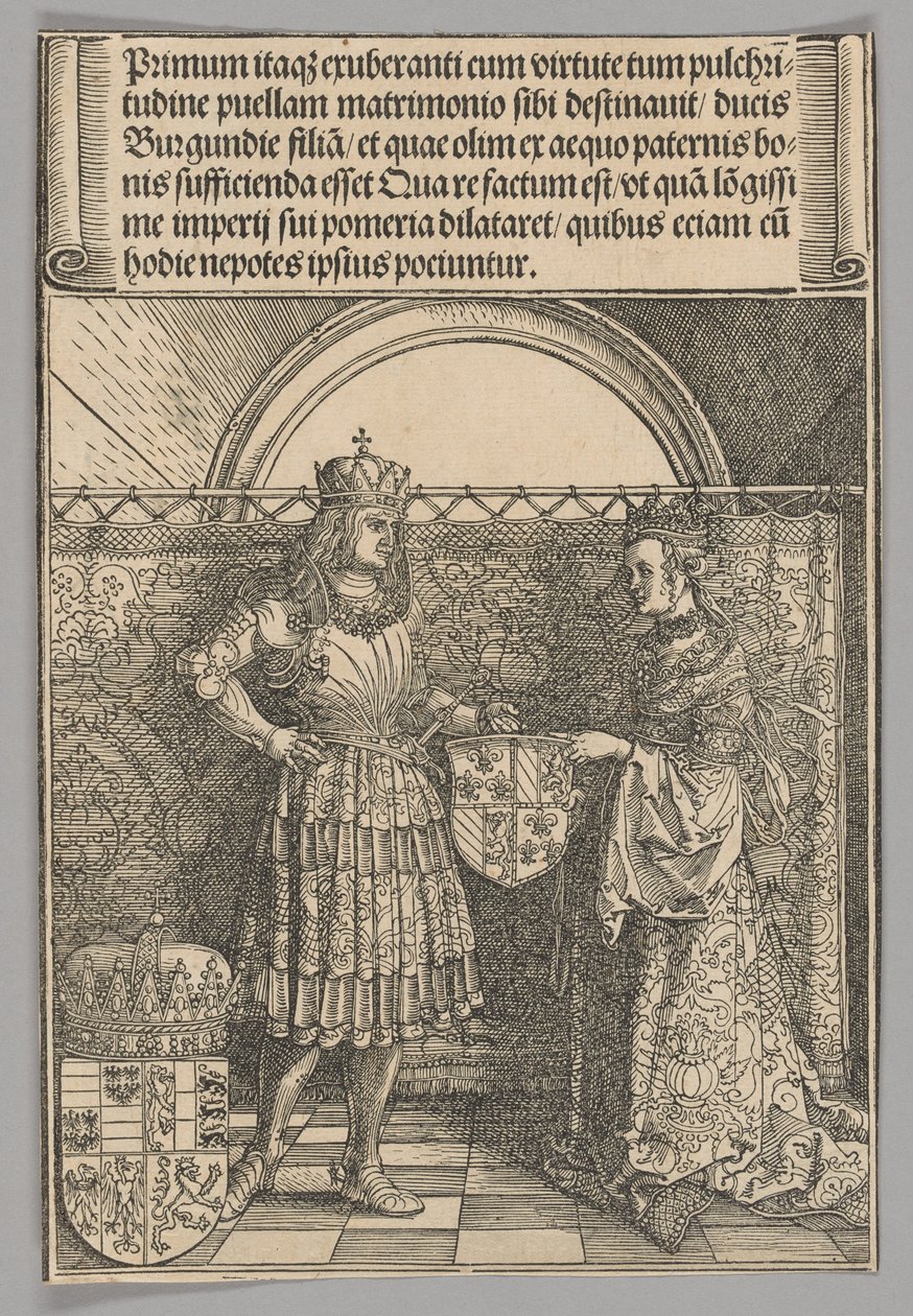 Maximilian ja Maria Burgundialainen, levy 2 historiallisista kohtauksista keisari Maximilian I:n elämästä Riemukaarista tekijältä Albrecht Dürer
