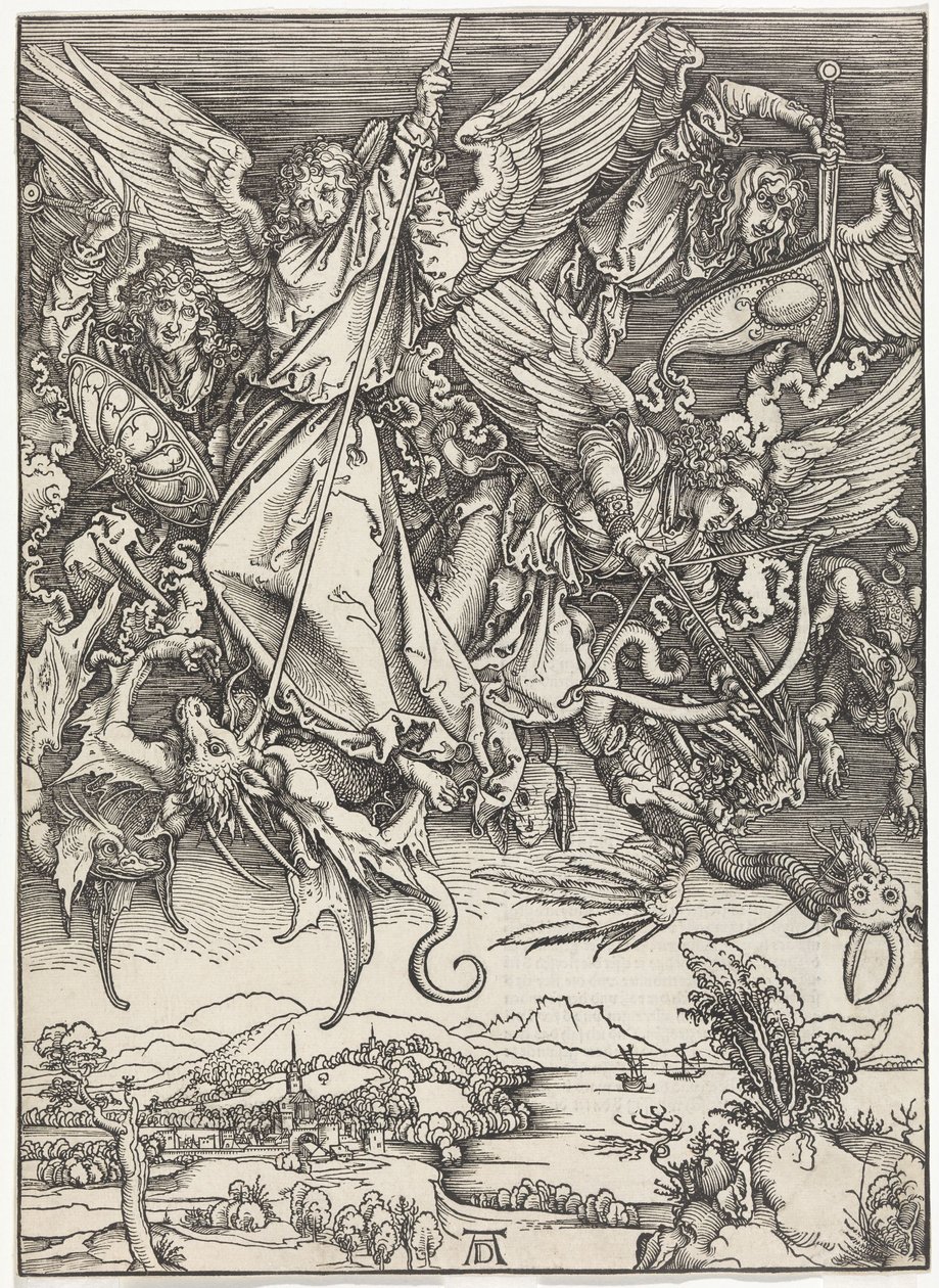 Mikael taistelee lohikäärmettä vastaan (Ilmestyskirja) tekijältä Albrecht Dürer