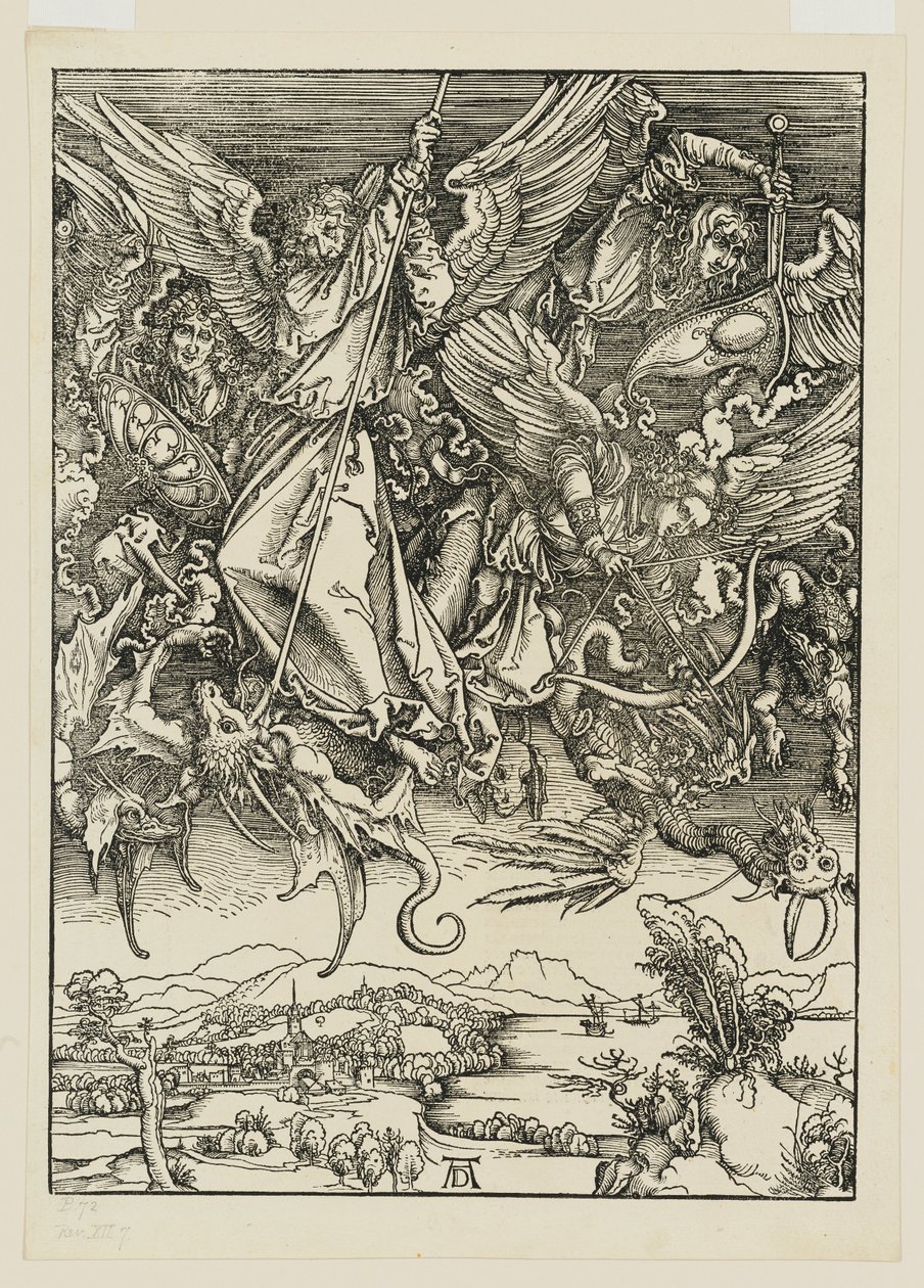 Mikael ja hänen enkelinsä taistelevat lohikäärmettä vastaan tekijältä Albrecht Dürer