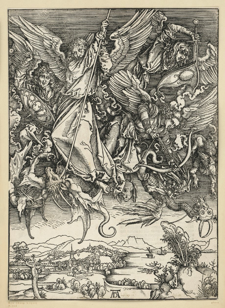 Mikaelin taistelu lohikäärmettä vastaan (Apokalypsi) tekijältä Albrecht Dürer