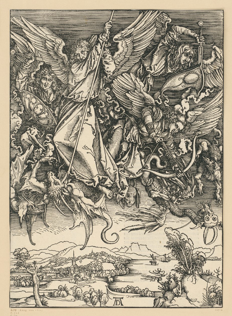 Mikaelin taistelu lohikäärmettä vastaan (Ilmestyskirja) tekijältä Albrecht Dürer