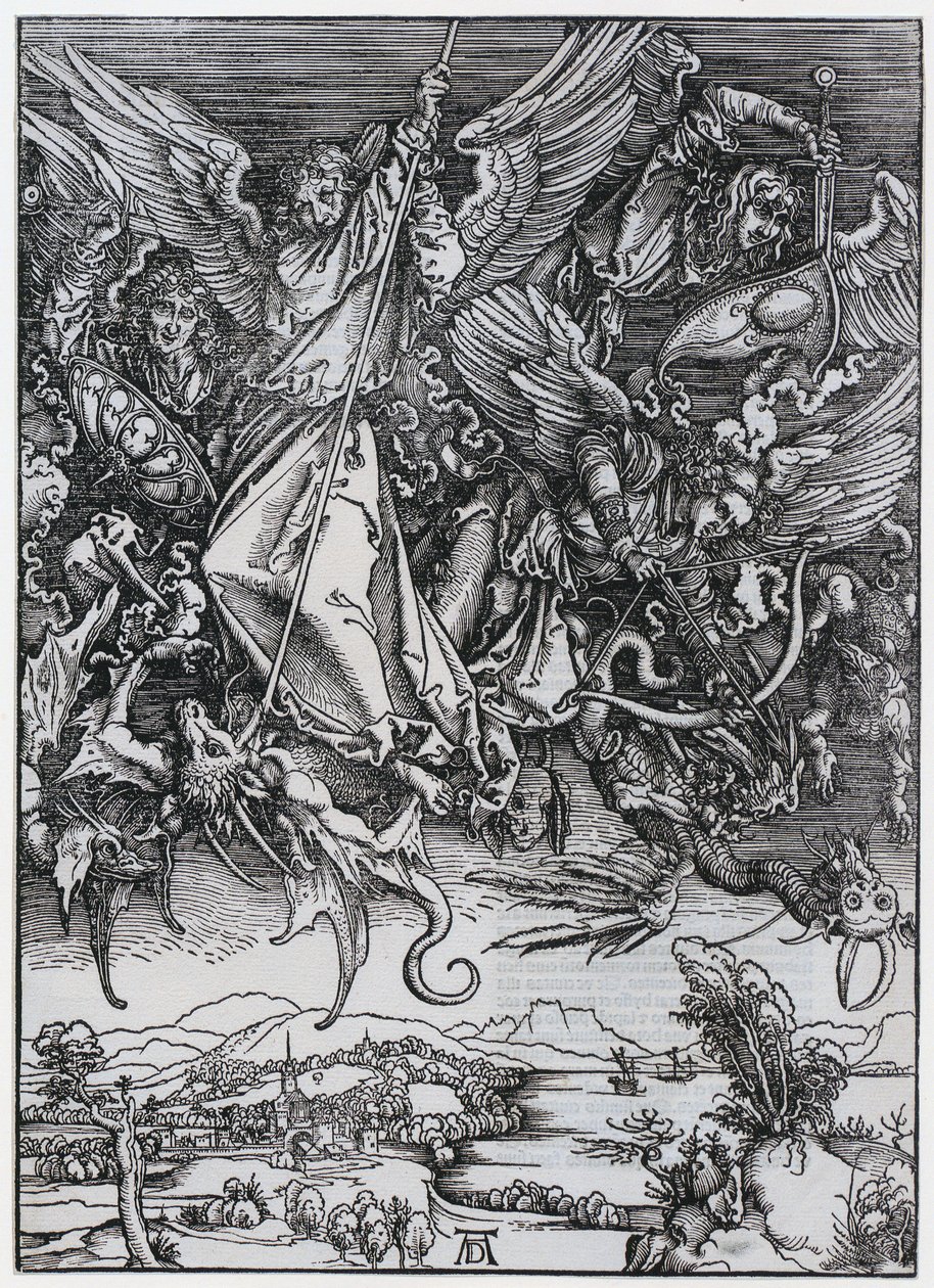 Mikaelin taistelu lohikäärmettä vastaan, X. kuva, sivu 12 sarjasta ”Apokalypsi” tekijältä Albrecht Dürer