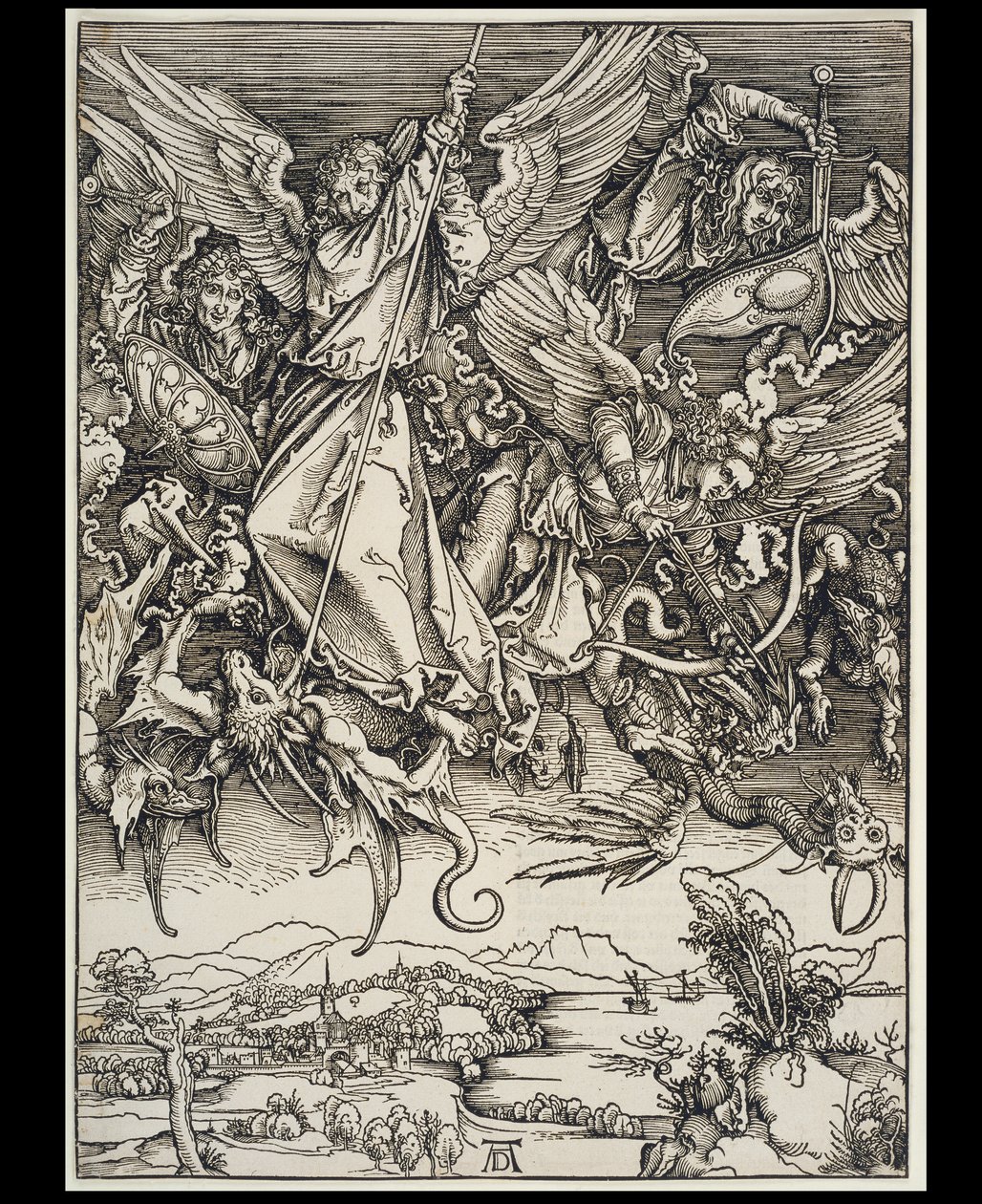 Mikaelin taistelu lohikäärmeen kanssa, Apokalypsi-sarjasta, ensimmäinen saksankielinen painos 1498 tekijältä Albrecht Dürer