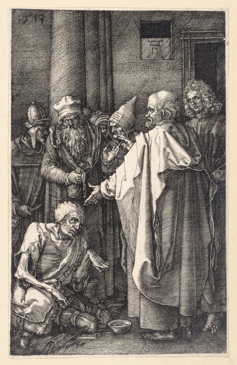 Pietari ja Johannes parantavat ramman kerjäläisen temppelissä (Kuparikaiverruspassio) tekijältä Albrecht Dürer