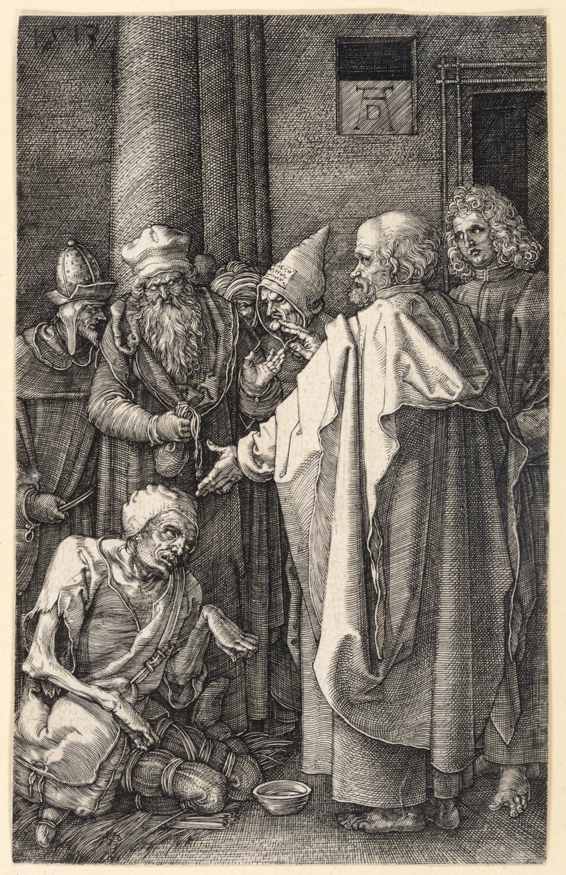 Pietari ja Johannes parantamassa rampaa kerjäläistä temppelissä (Kuparikaiverruspassio) tekijältä Albrecht Dürer