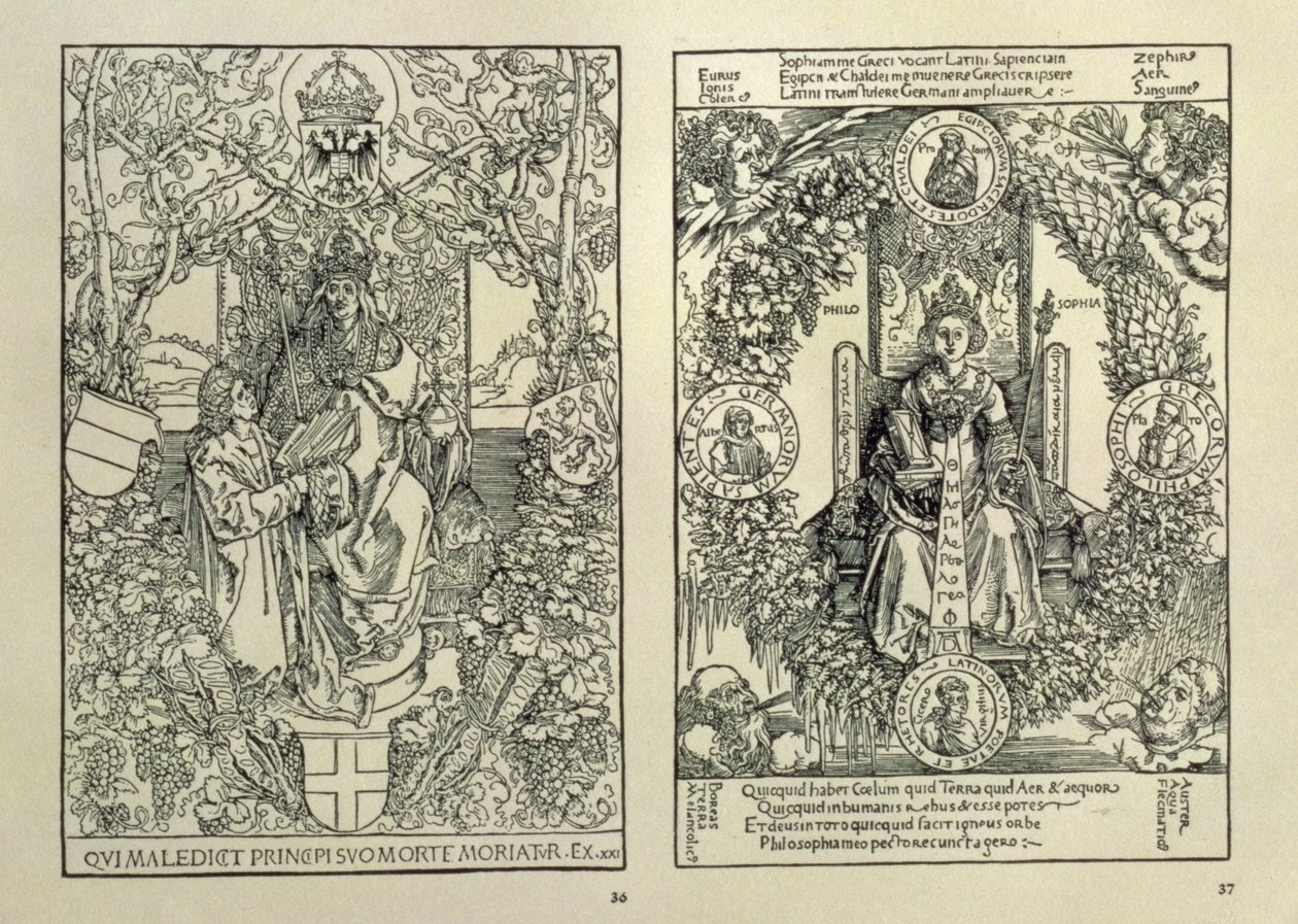 Filosofia ja Habsburgien keisari, Nürnbergin Konrad Celtisin kirjoittamasta Quatuor Libri Amorumista, 1502 tekijältä Albrecht Dürer