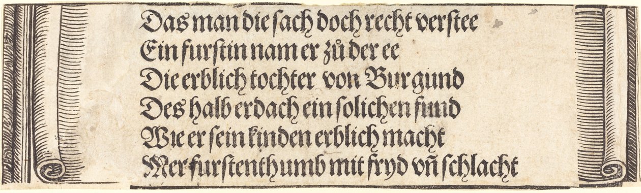 Painettu teksti Maximilianuksen kihlaukseen Burgundin Marian kanssa, 1515. tekijältä Albrecht Dürer