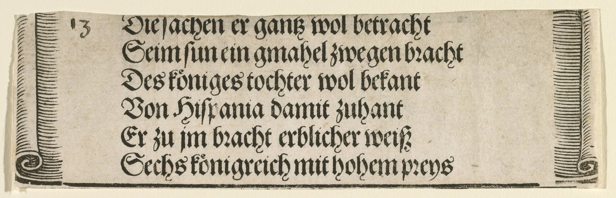 Painettu teksti "Filippus Kauniin kihlaukseen Jeanne Kastilialaisen kanssa" tekijältä Albrecht Dürer