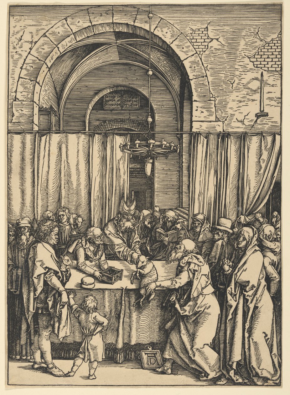 Joakimin uhrilahjan hylkääminen, sarjasta Neitsyt Marian elämä tekijältä Albrecht Dürer