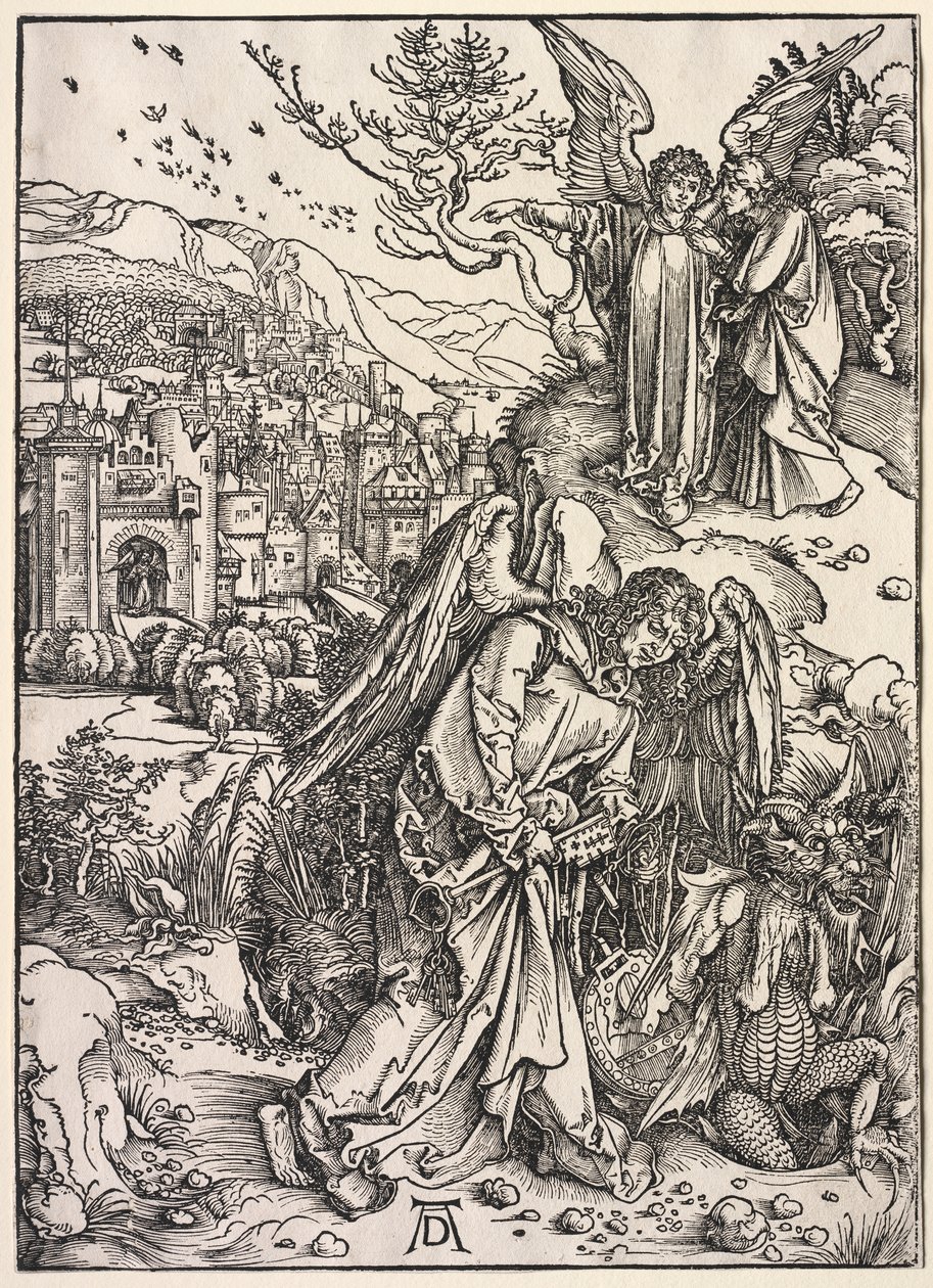 Pyhän Johanneksen ilmestys: Enkeli pohjattoman kuopan avaimella tekijältä Albrecht Dürer