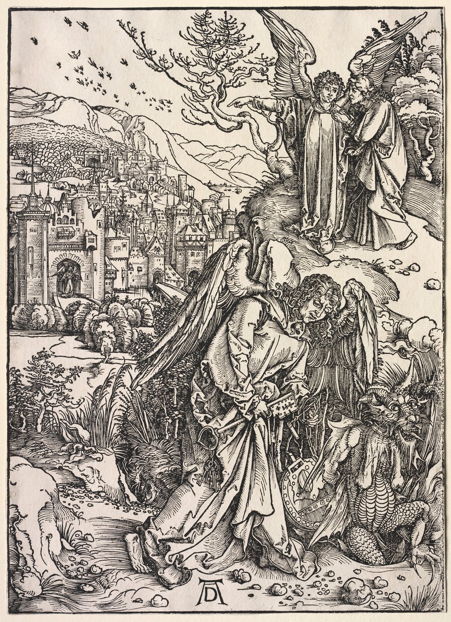 Pyhän Johanneksen ilmestys: Enkeli pohjattoman kaivon avaimella, 1511. tekijältä Albrecht Dürer