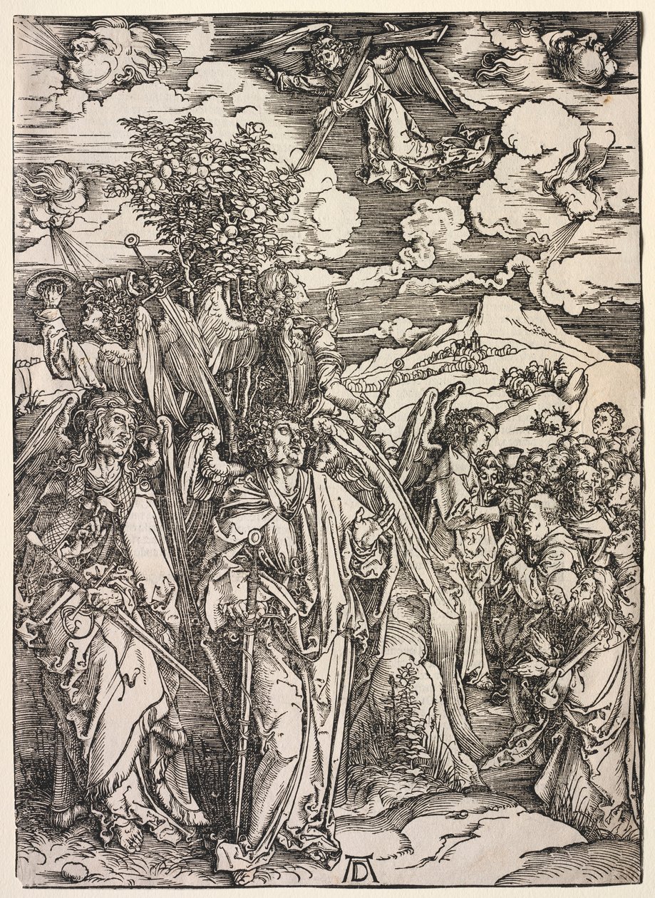 Pyhän Johanneksen ilmestys: Neljä enkeliä pitelemässä tuulia, 1511. tekijältä Albrecht Dürer