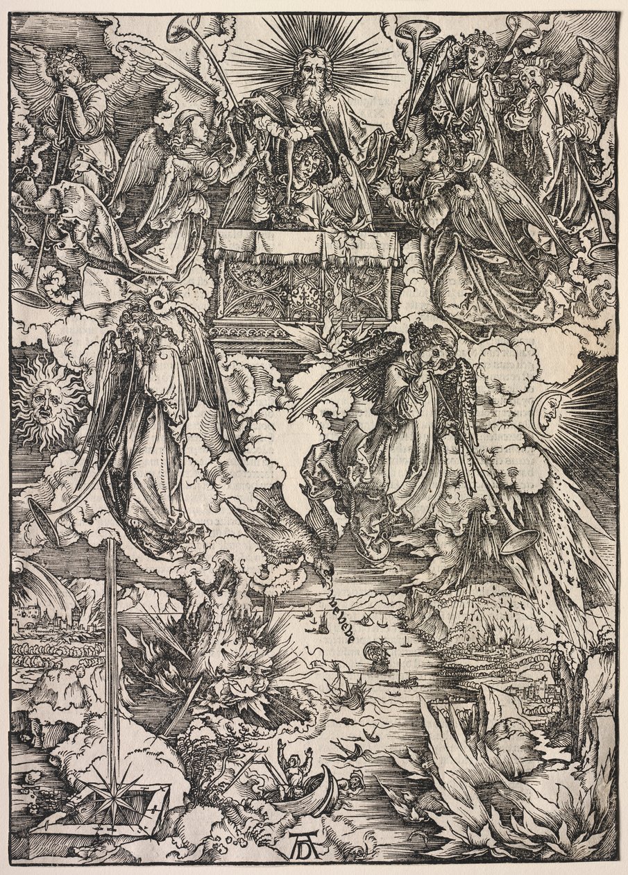 Pyhän Johanneksen ilmestys: Seitsemän enkeliä trumpetteilla tekijältä Albrecht Dürer