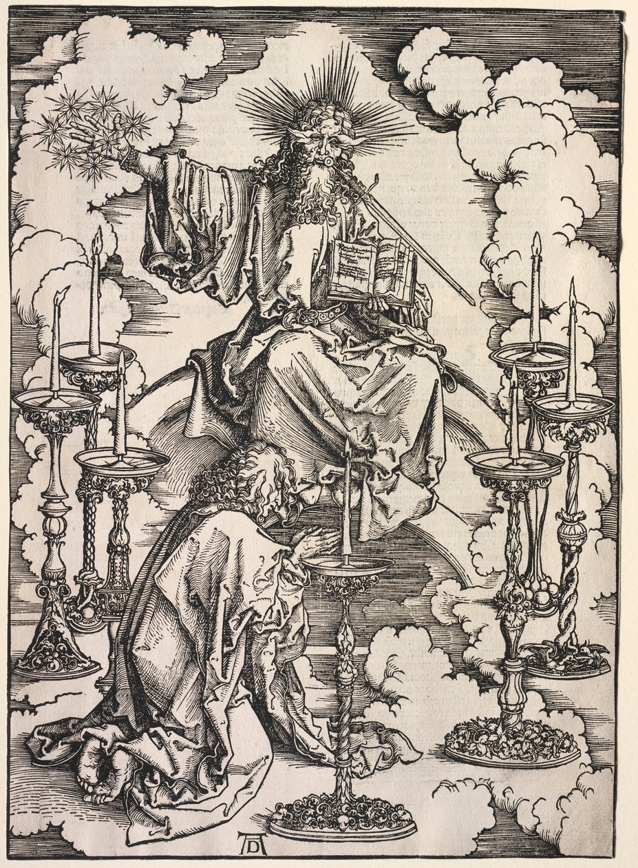 Pyhän Johanneksen ilmestys: Pyhä Johannes katsomassa seitsemää kynttilänjalkaa, 1511. tekijältä Albrecht Dürer