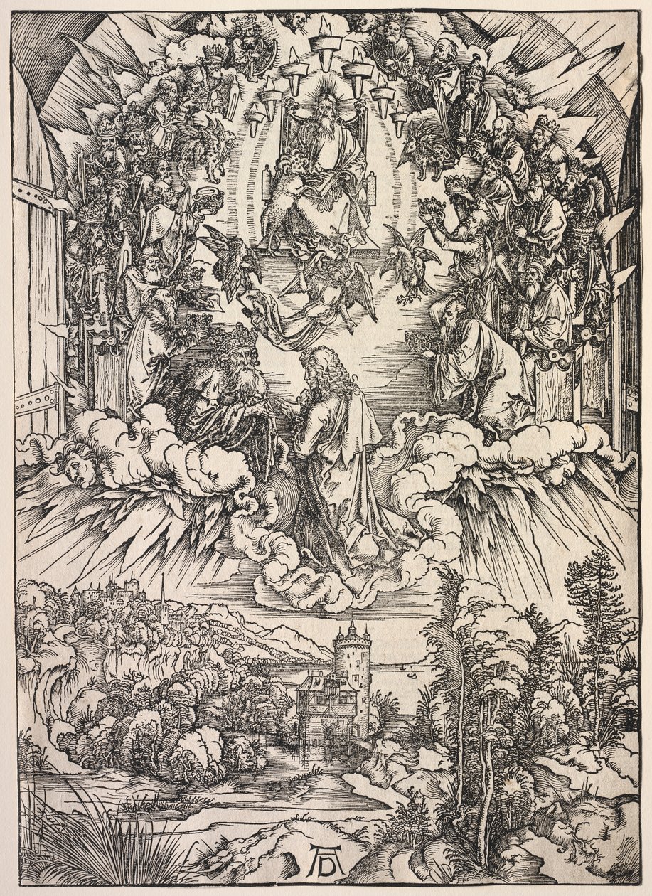 Pyhän Johanneksen ilmestys: Pyhä Johannes valtaistuimen edessä tekijältä Albrecht Dürer