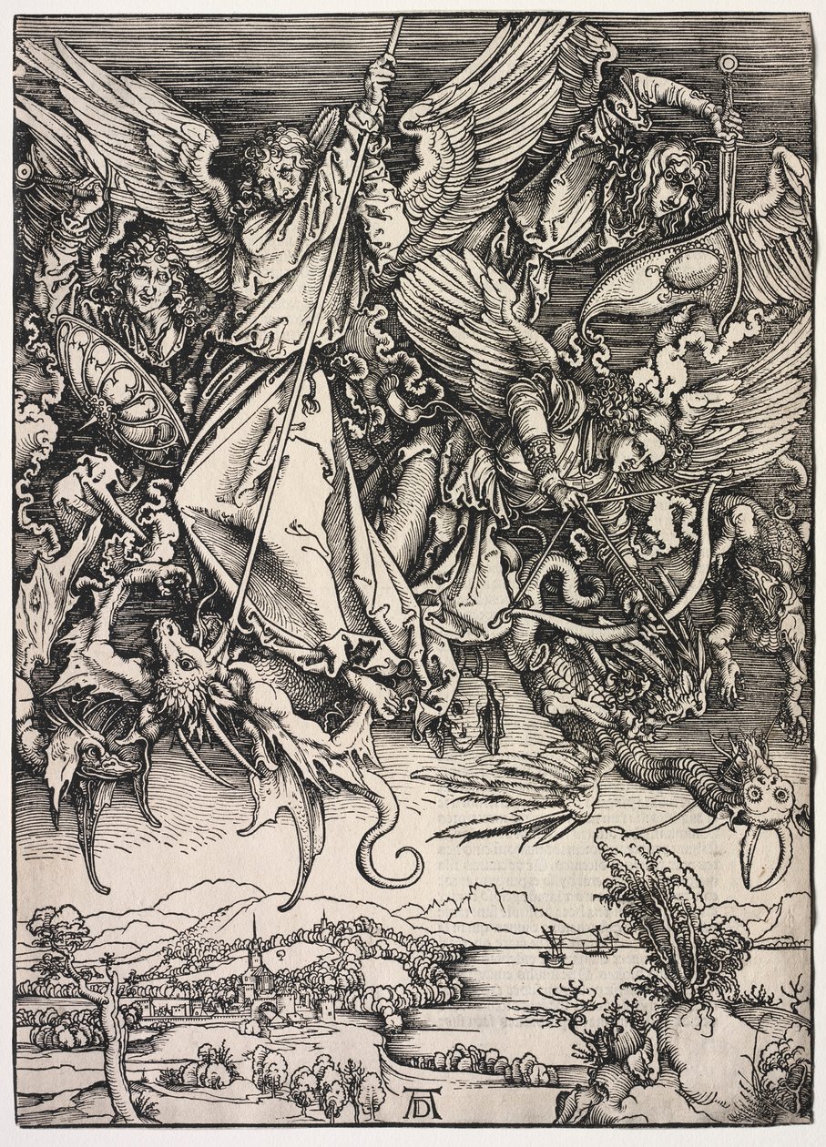 Pyhän Johanneksen ilmestys: Pyhä Mikael taistelee lohikäärmettä vastaan, 1511. tekijältä Albrecht Dürer