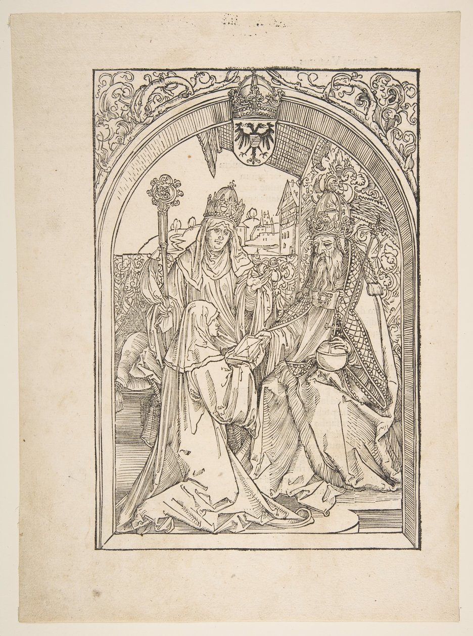 Rosvitha esittelee komediat keisari Otto I:lle. kuvitus Ooppera Hrosvi....n.d. tekijältä Albrecht Dürer
