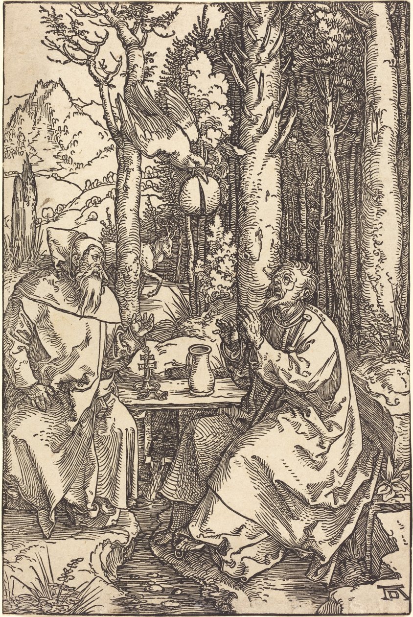 Pyhä Antonius ja Pyhä Paavali erämaassa tekijältä Albrecht Dürer