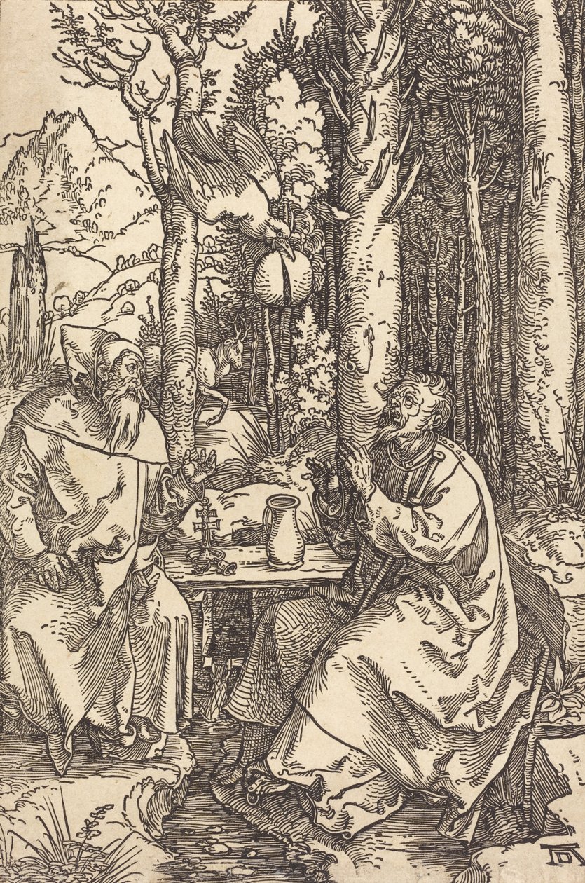 Pyhä Antonius ja Pyhä Paavali erämaassa, n. 1504. tekijältä Albrecht Dürer