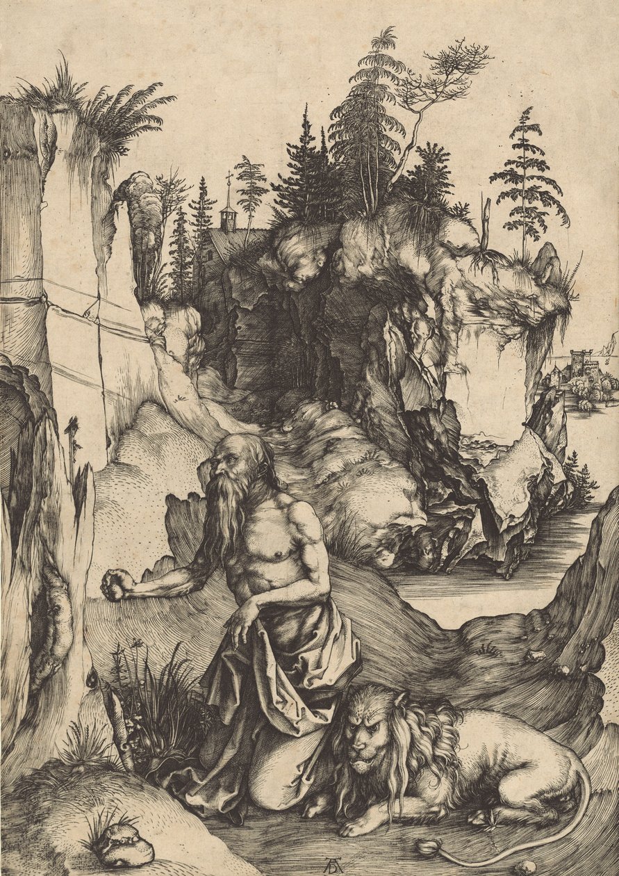 Pyhä Hieronymus katuva erämaassa, n. 1496. tekijältä Albrecht Dürer