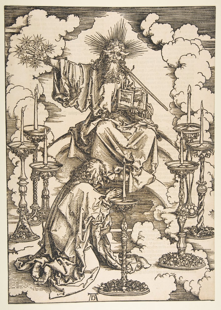 Pyhä Johannes katselee seitsemää kultaista kynttilänjalkaa, The Apocalypse.n.d. tekijältä Albrecht Dürer