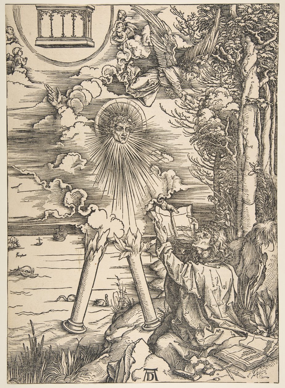 Pyhä Johannes nielee kirjan, The Apocalypse, latinalainen painos, 1511, 1511. tekijältä Albrecht Dürer